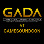 Graphic with GADA logo and text at GameSoundCon in gold