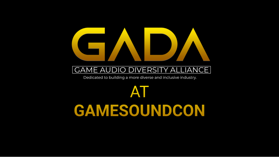 Graphic with GADA logo and text at GameSoundCon in gold